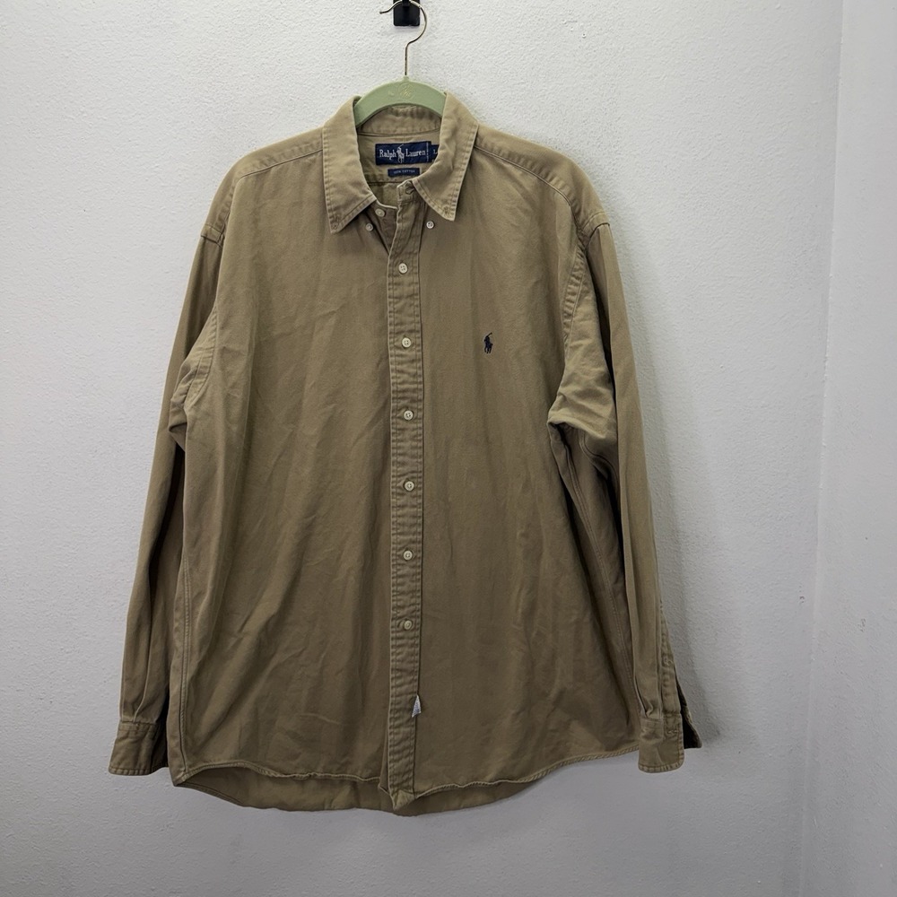 Vintage Polo Ralph Lauren Shirt Mens L Beige Preppy Academia Classic Cotton